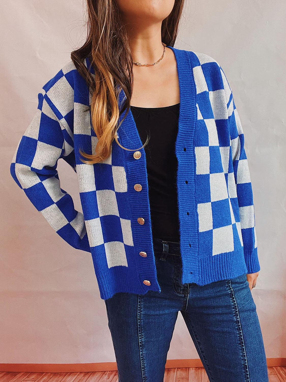 Checkered Open Front Button Up Cardigan Carauana Store