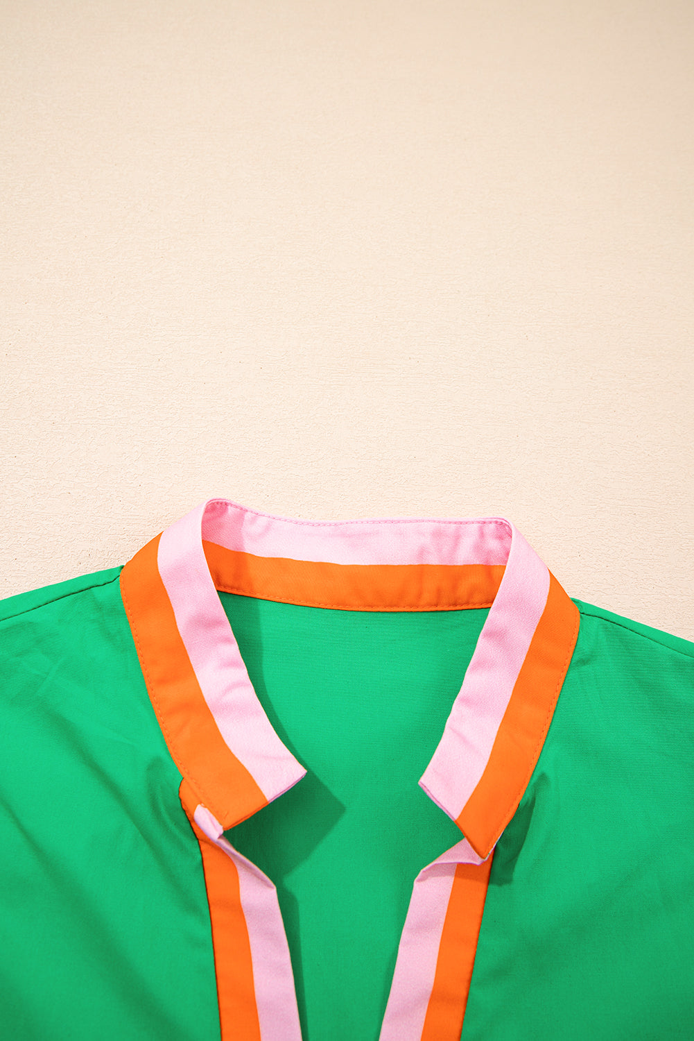 Bright Green Contrast Striped V Neck Collision Short Puff Sleeve Blouse