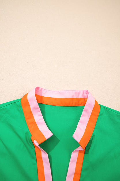 Bright Green Contrast Striped V Neck Collision Short Puff Sleeve Blouse
