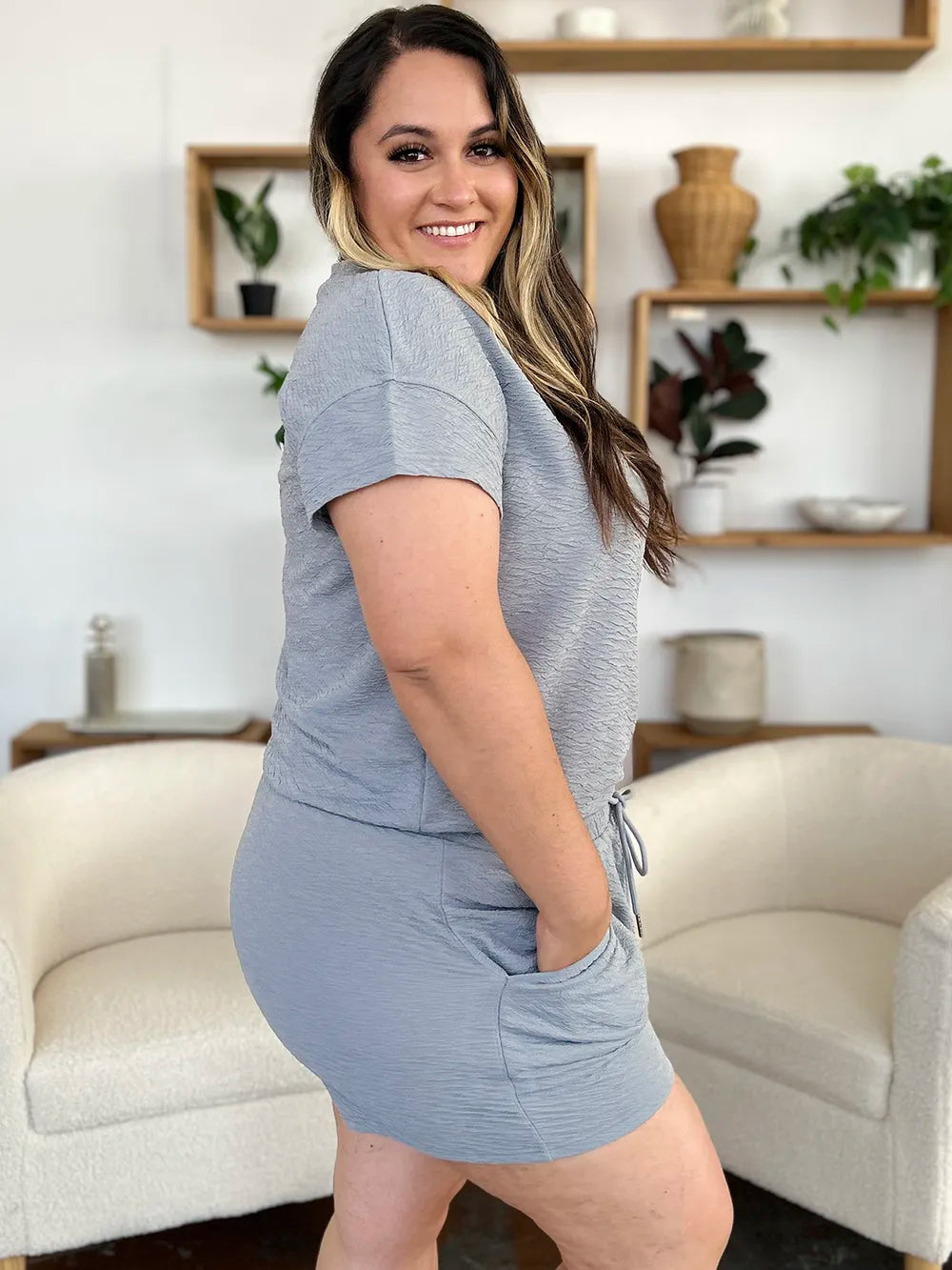 Double Take Full Size Texture Short Sleeve T-Shirt and Drawstring Shorts Set Carauana Store