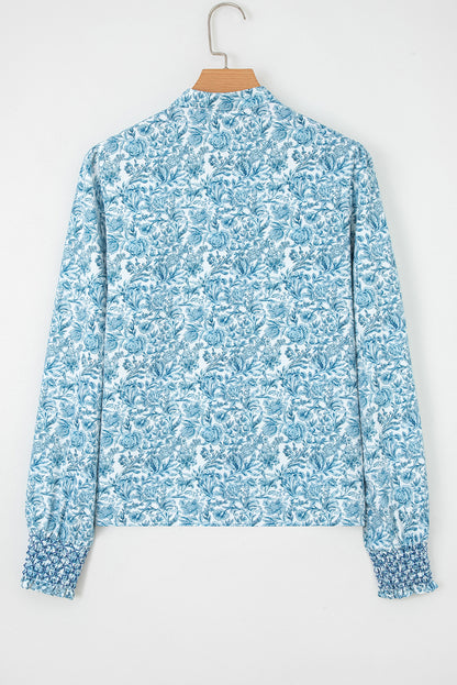 Sky Blue All Over Floral Puff Sleeve Shirt