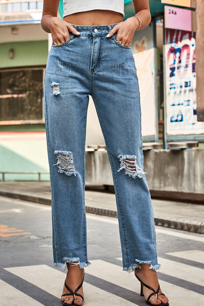 Distressed Buttoned Loose Fit Jeans Carauana Store