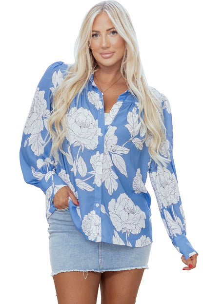 Sky Blue Floral Print Button Up Pleated Detail Puff Sleeve Shirt