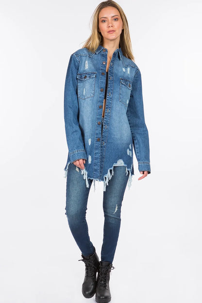 American Bazi Distressed Frayed Hem Denim Jacket Carauana Store
