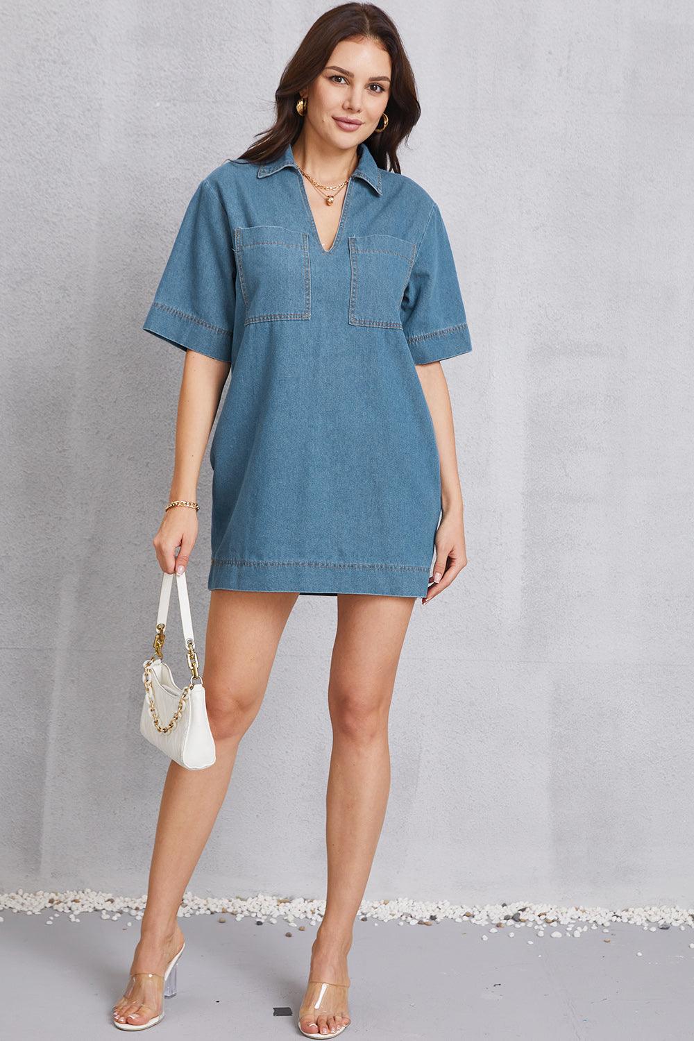 Pocketed Collared Neck Mini Denim Dress Carauana Store