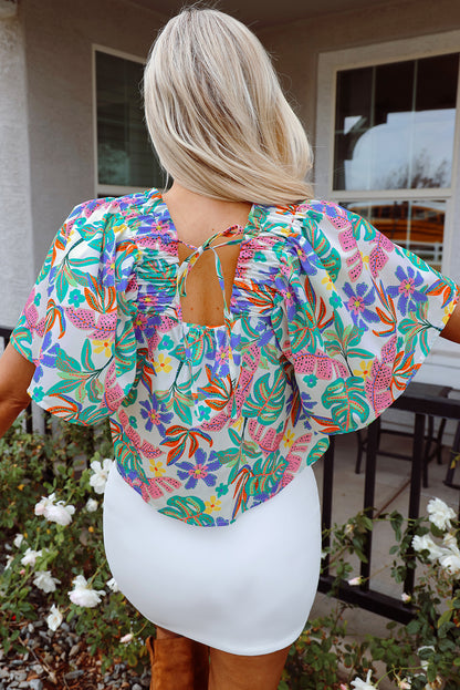 Green Plant Print Loose Fit Puff Sleeve Square Neck Blouse