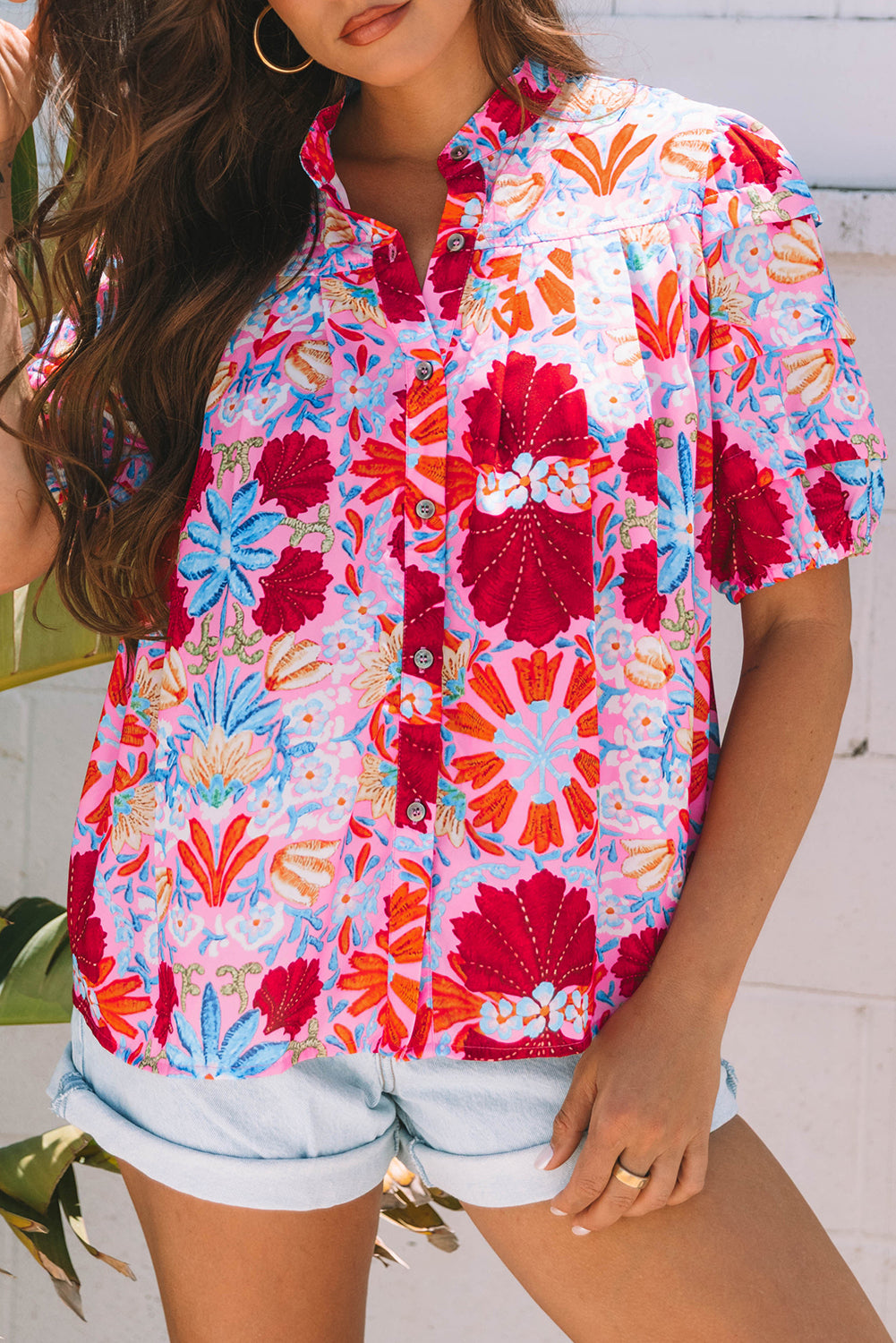 Pink Floral Print Bubble Sleeve Button Up Pleated Shirt