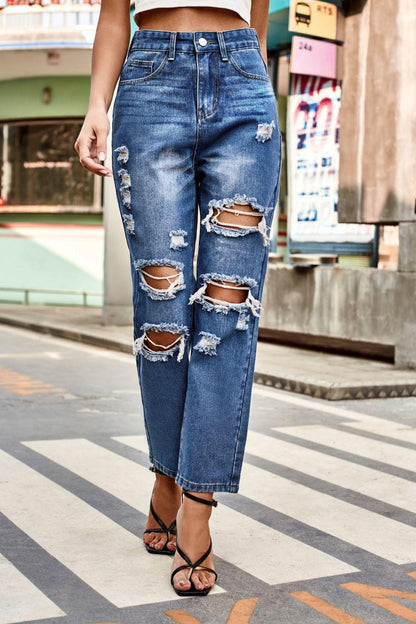 Distressed High Waist Straight Jeans Carauana Store