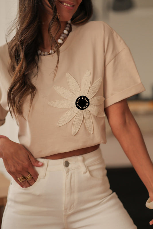 Oatmeal Contrast Crochet Floral Graphic Drop Shoulder Loose Tee