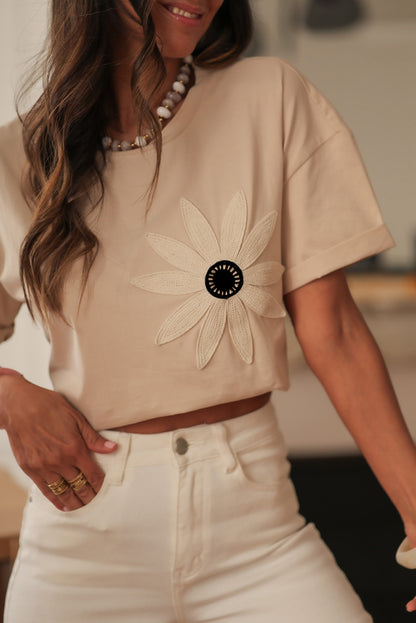 Oatmeal Contrast Crochet Floral Graphic Drop Shoulder Loose Tee