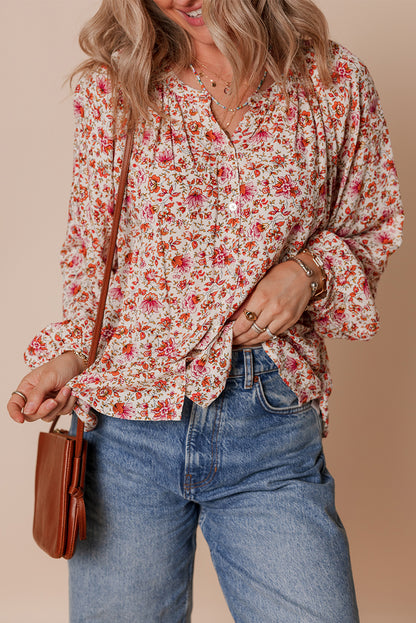 Red Floral Print Pleated Detail Notched Neck Puff Sleeve Blouse