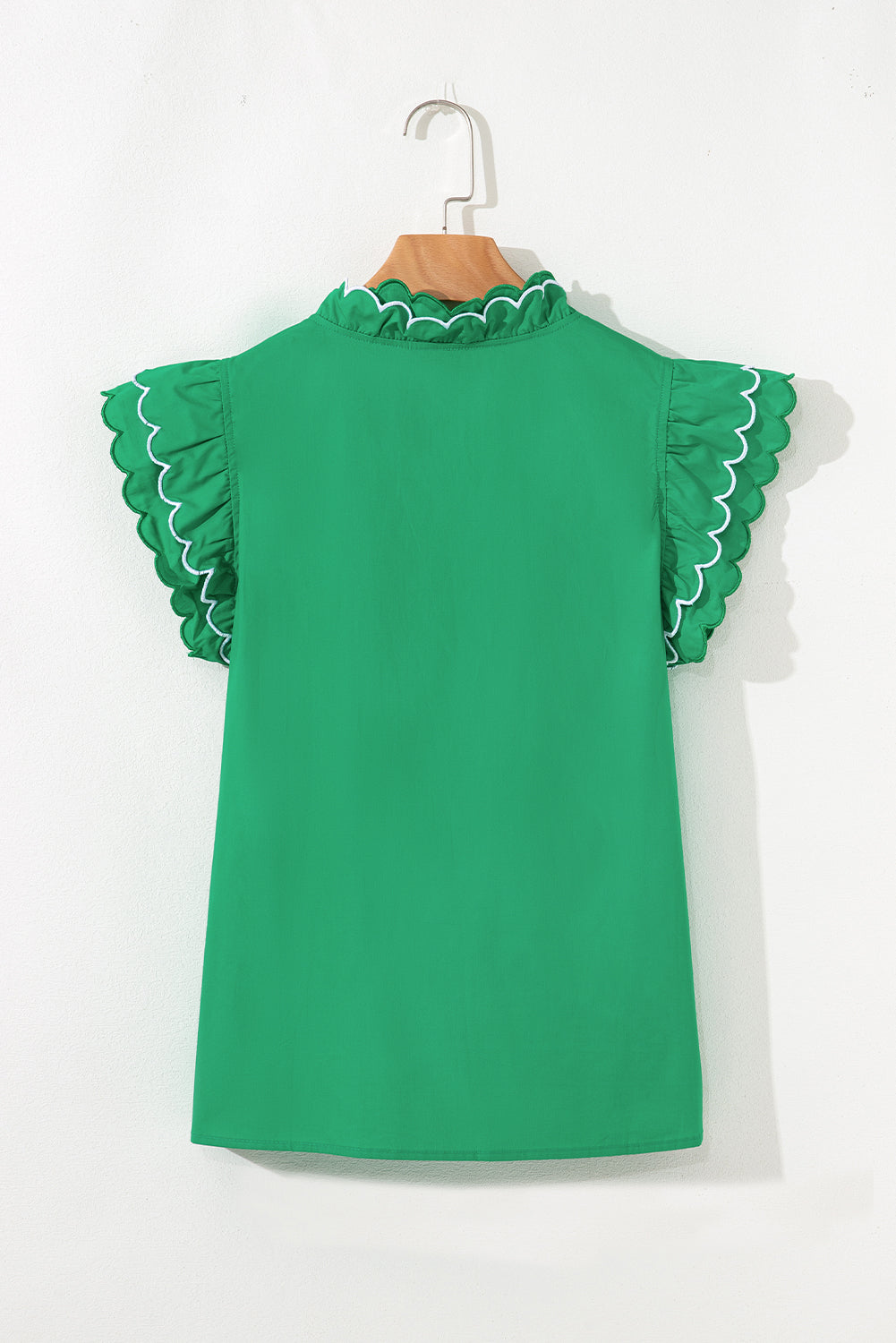 Bright Green Contrast Scallop Trim Layered Short Sleeve V Neck Blouse