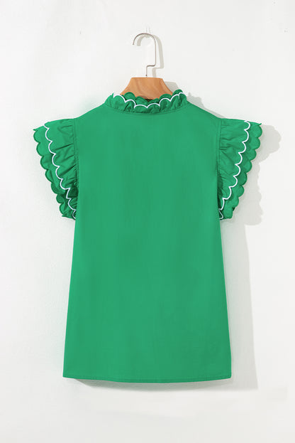 Bright Green Contrast Scallop Trim Layered Short Sleeve V Neck Blouse
