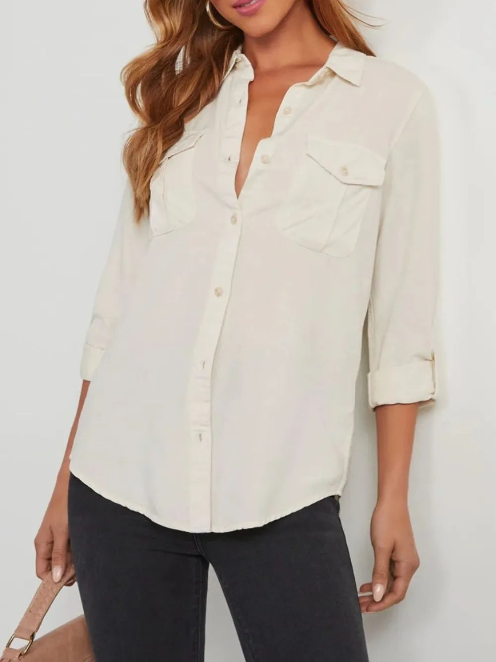 Collared Neck Roll-Tab Sleeve Denim Top Carauana Store