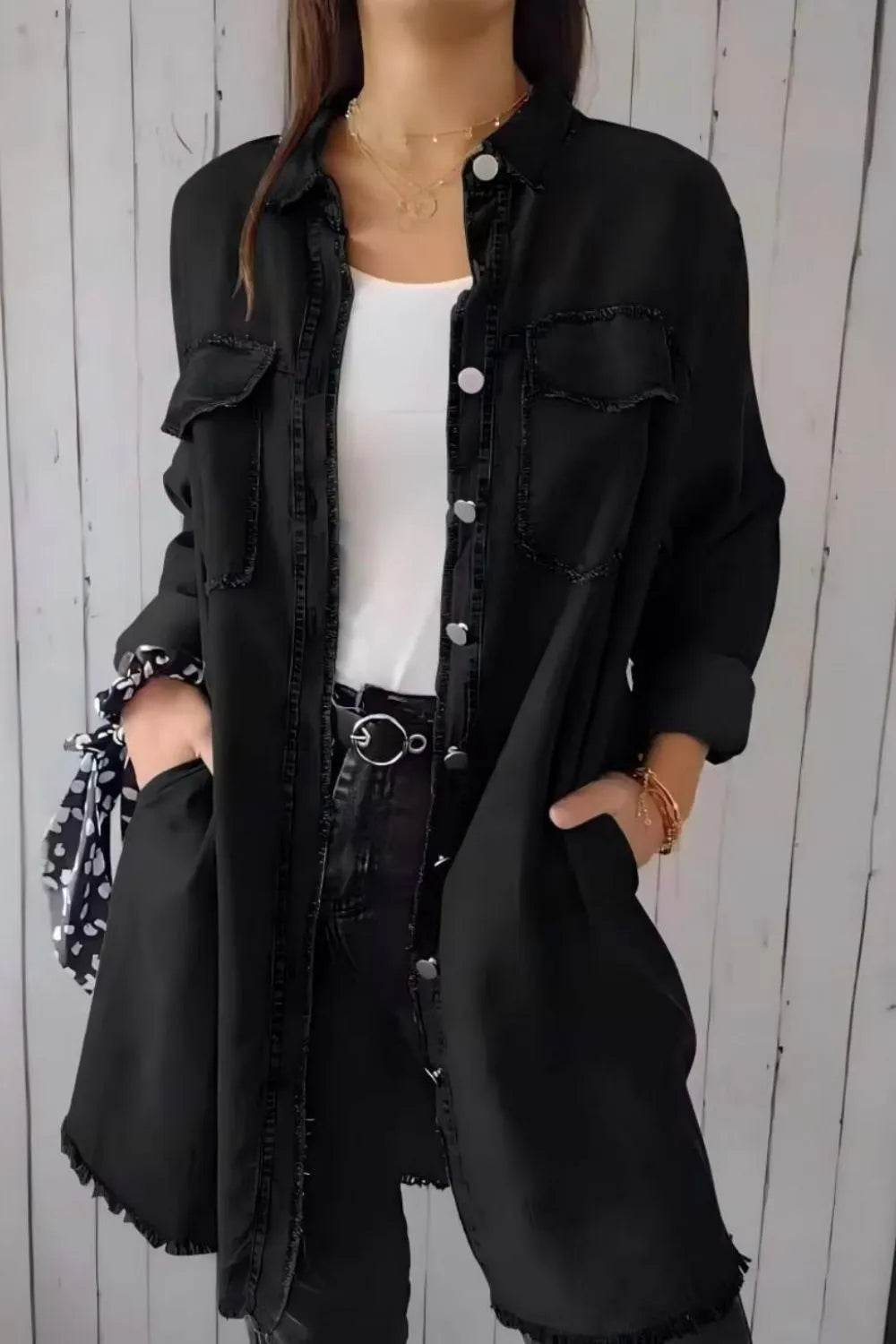 Full Size Raw Hem Button Up Long Sleeve Denim Top Plus Size Carauana Store