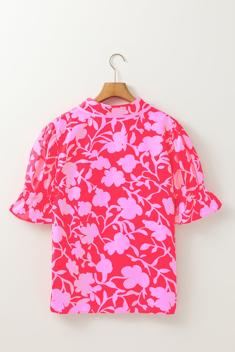 Red Floral Split V Neck Ruffled Short Sleeve Blouse Top