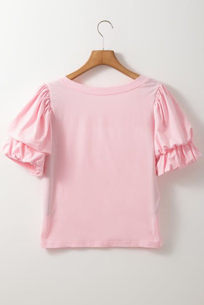 Light Pink Scoop Neck Bubble Sleeve Tee