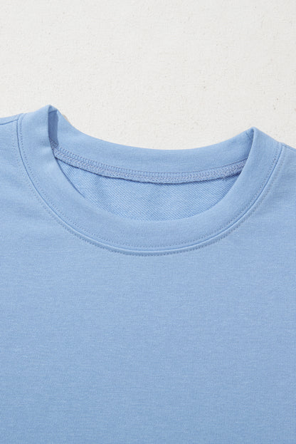 Beau Blue Eyelet Flower Embroidered Puff Short Sleeve Patchwork Crew Neck Blouse