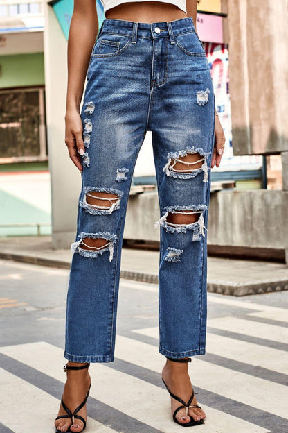 Distressed High Waist Straight Jeans Carauana Store