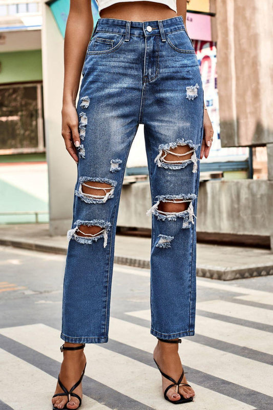 Distressed High Waist Straight Jeans Carauana Store