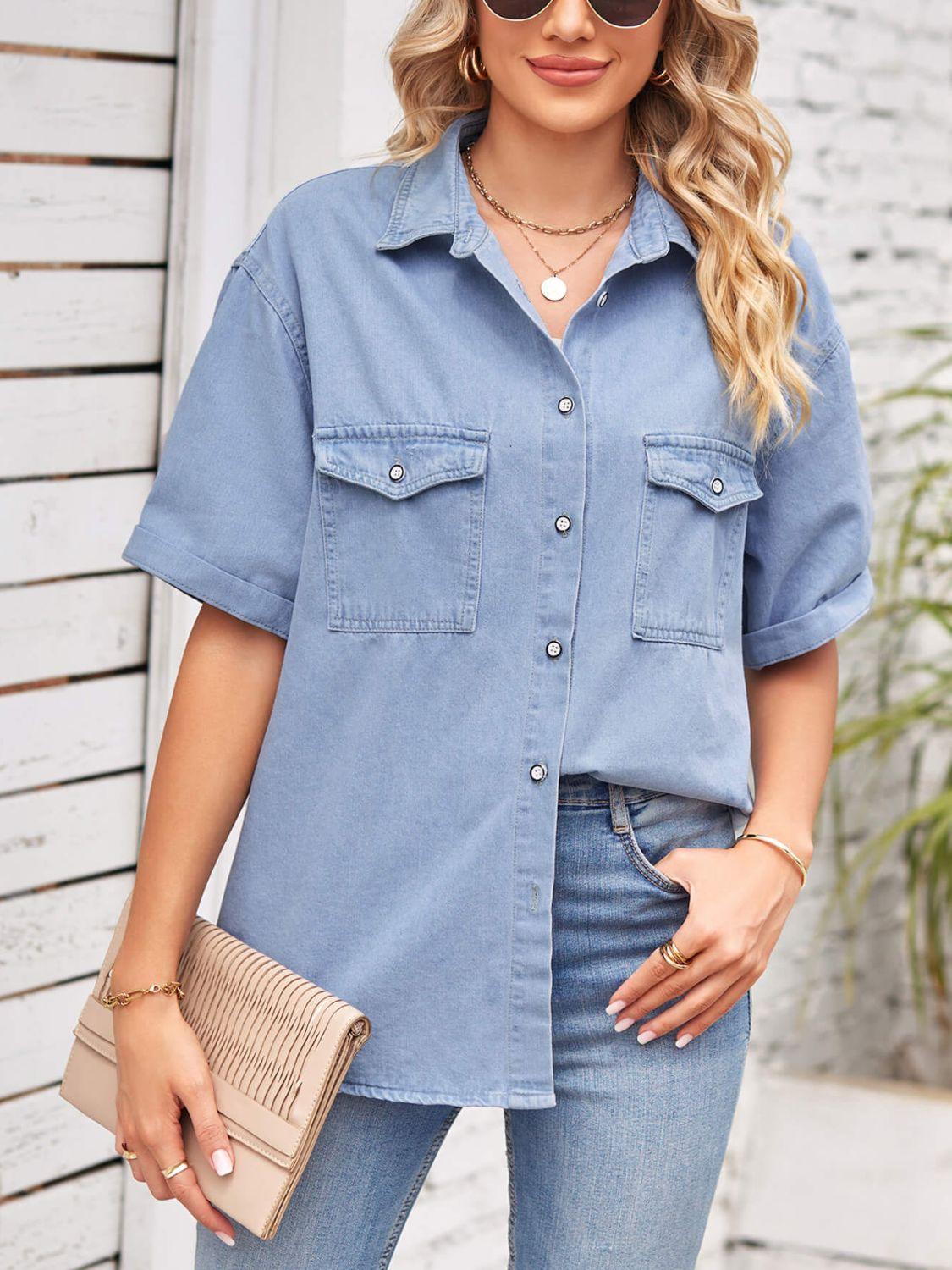 Collared Neck Short Sleeve Denim Jacket Carauana Store