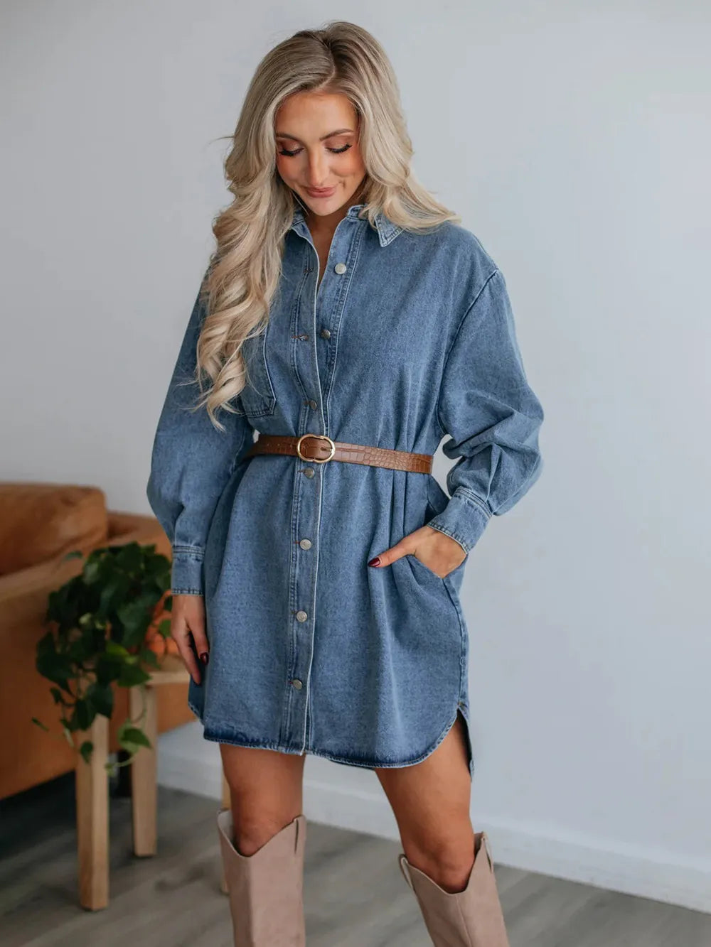 Button Up Collared Neck Long Sleeve Denim Dress Carauana Store