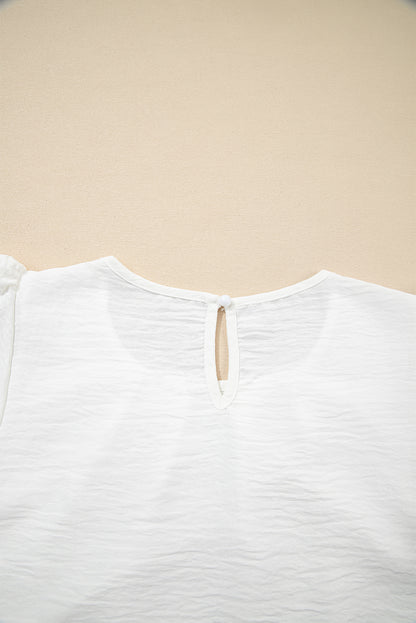White Flounce Sleeve Pleated Textured Blouse