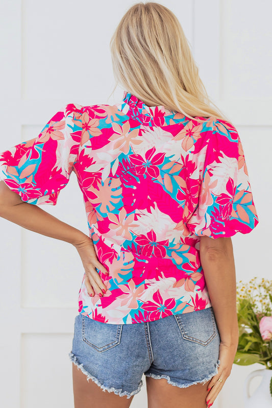 Rose Tropical Plant Printed V Neck Puff Sleeve Blouse