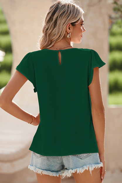 Blackish Green Flounce Sleeve Pleated Textured Blouse