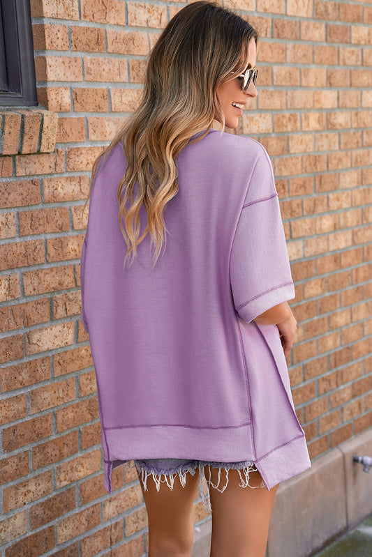 Orchid Petal Oversized Exposed Stitching High Low Half Sleeve Top