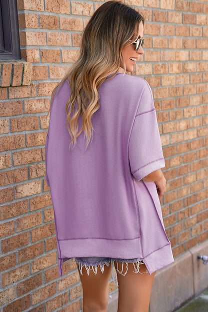 Orchid Petal Oversized Exposed Stitching High Low Half Sleeve Top