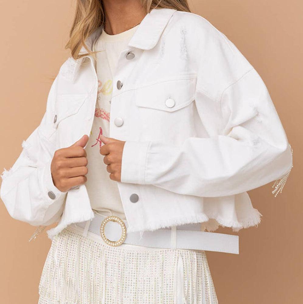 Distressed Raw Hem Dropped Shoulder Denim Jacket Carauana Store