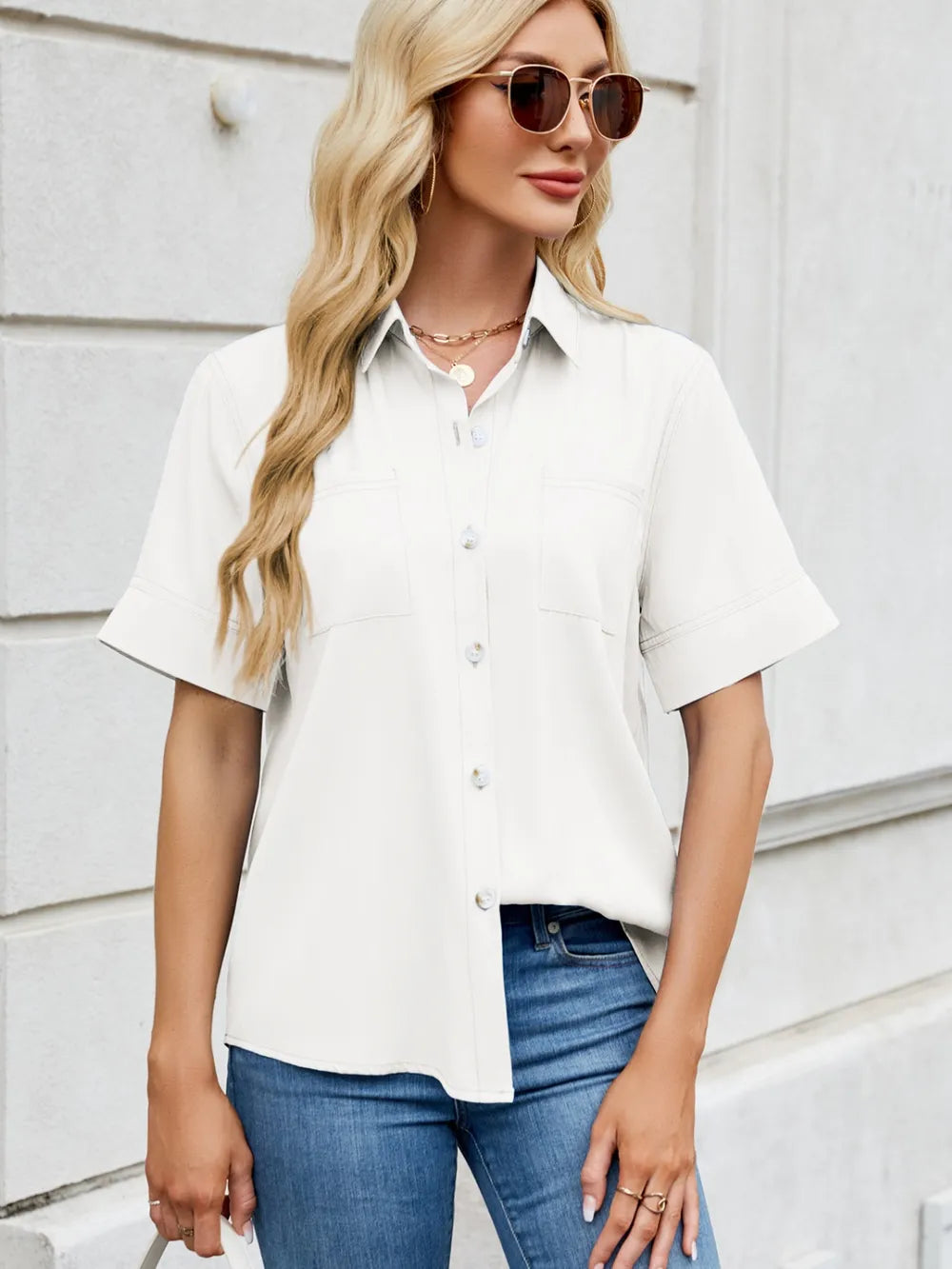 Collared Neck Short Sleeve Shirt Carauana Store