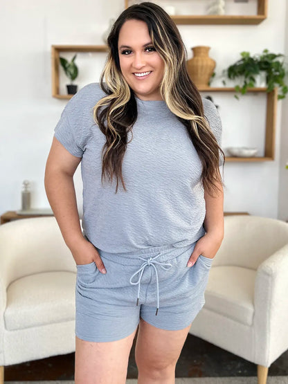 Double Take Full Size Texture Short Sleeve T-Shirt and Drawstring Shorts Set Carauana Store