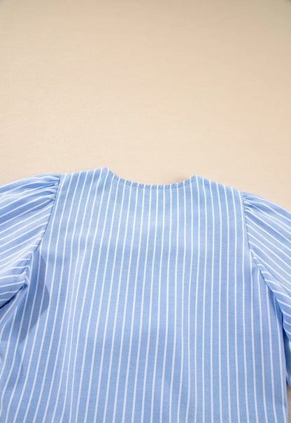 Striped Bowknot Detail Puff Sleeve Top and Shorts Set Carauana Store