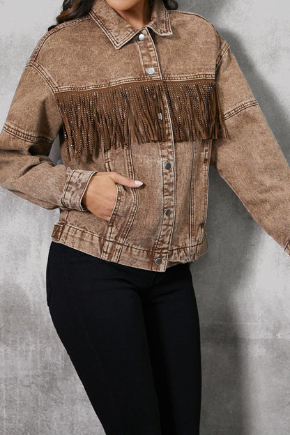 Fringe Trim Snap Down Denim Jacket Carauana Store