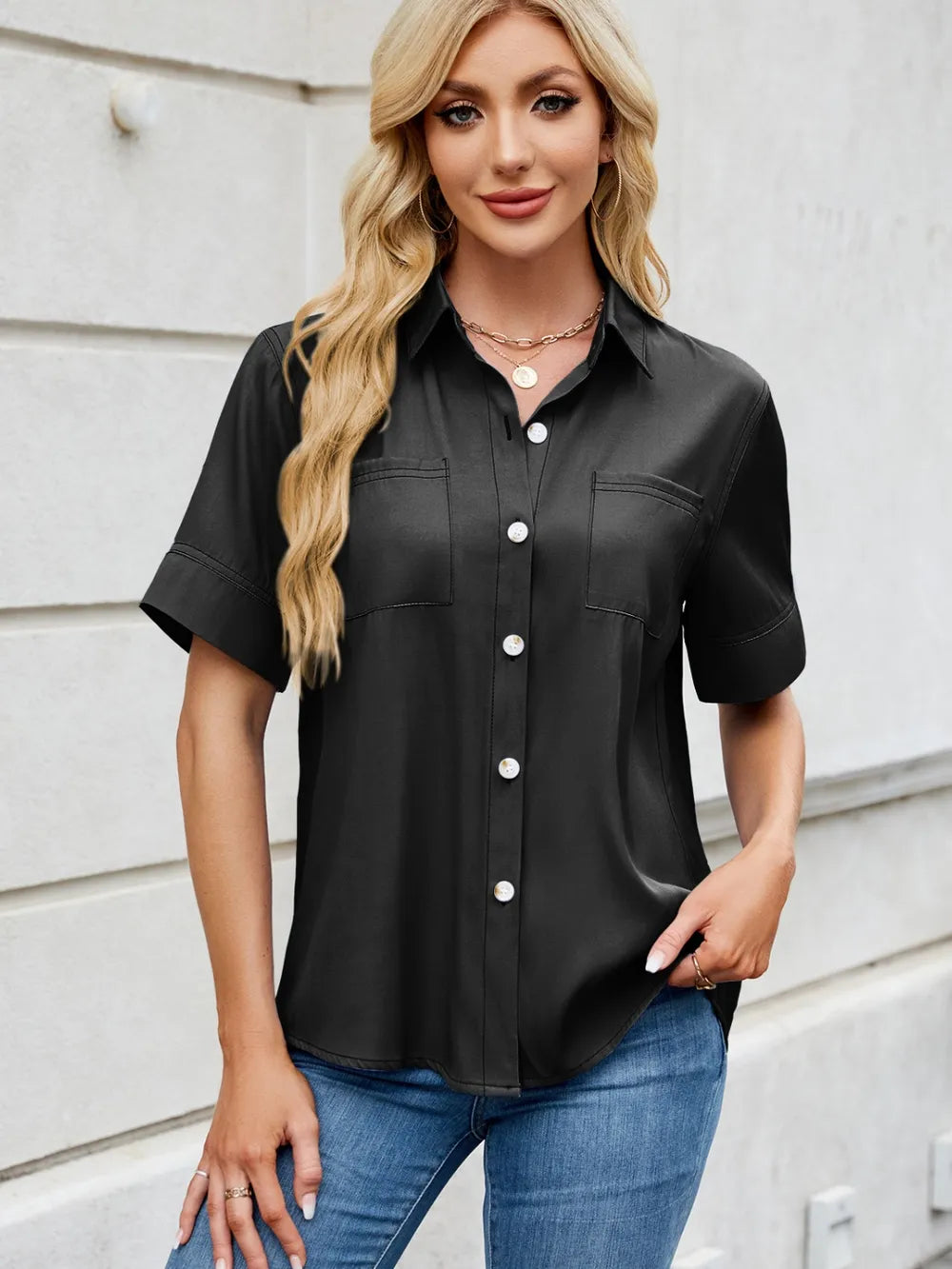 Collared Neck Short Sleeve Shirt Carauana Store