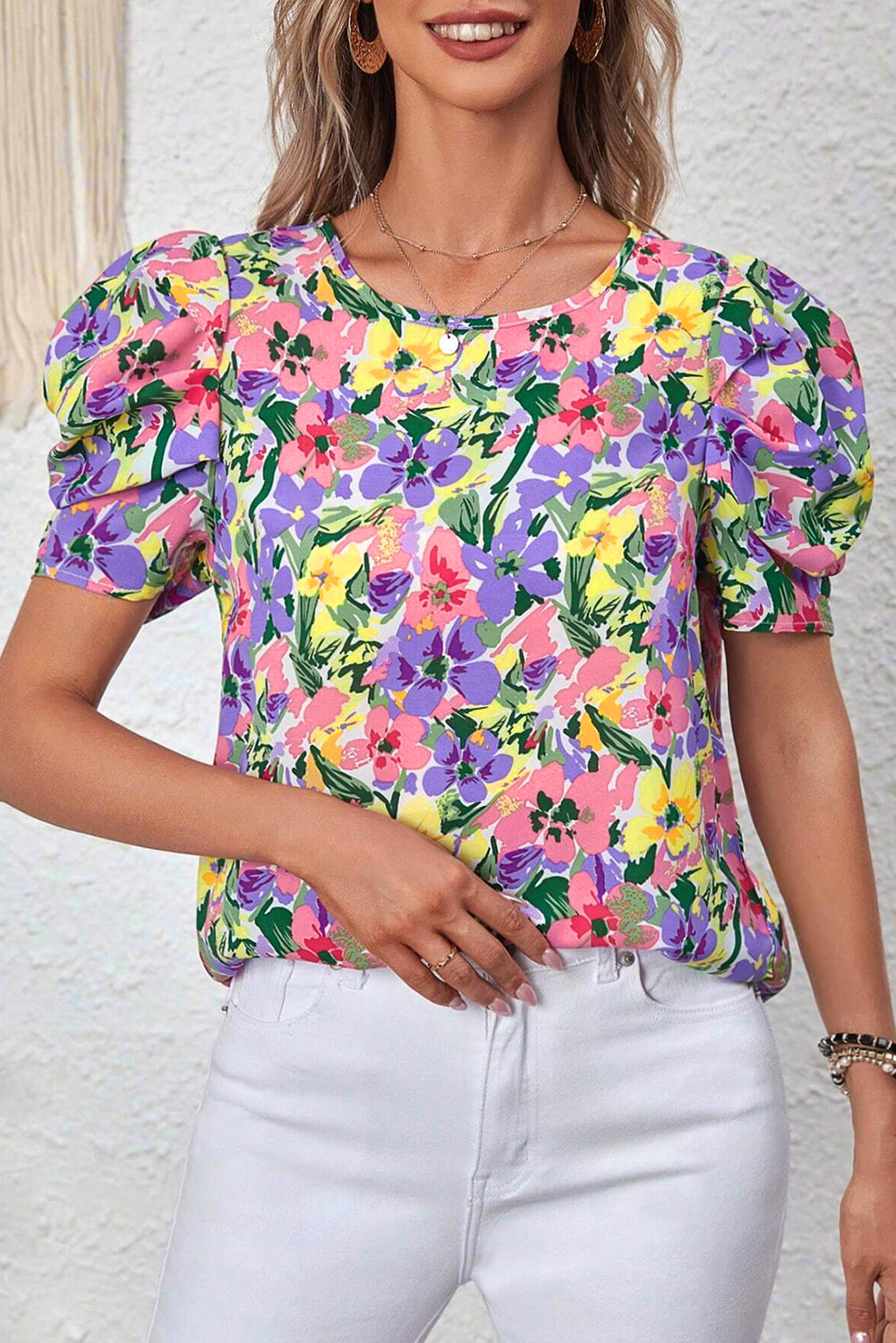 Purple Floral Print Puff Short Sleeve Crew Neck Blouse