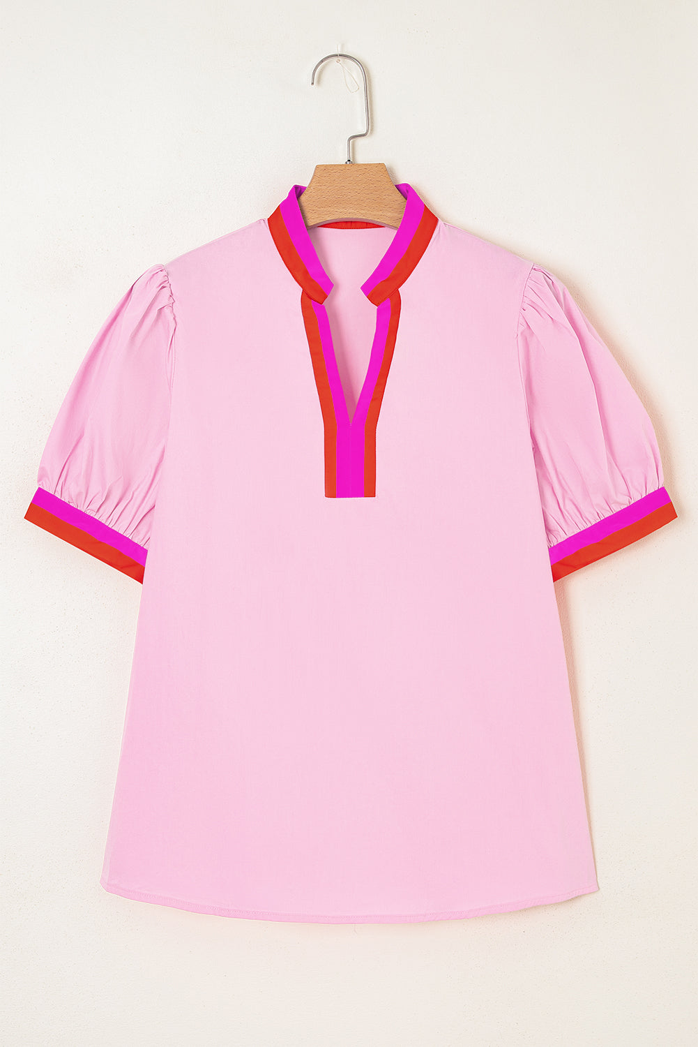 Pink Contrast Striped V Neck Collision Short Puff Sleeve Blouse