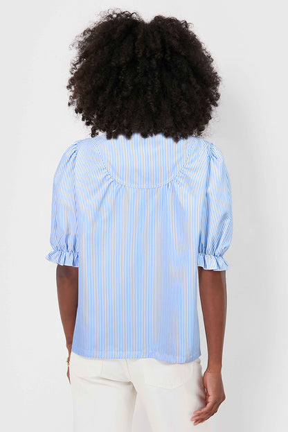 Sky Blue Stripe Ruffled Collar Puff Sleeve Half Buttons Blouse
