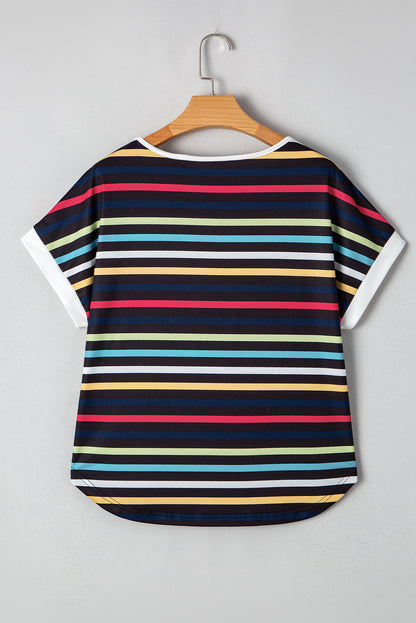 Black Stripe Multicolor Contrast Edge Crew Neck T Shirt