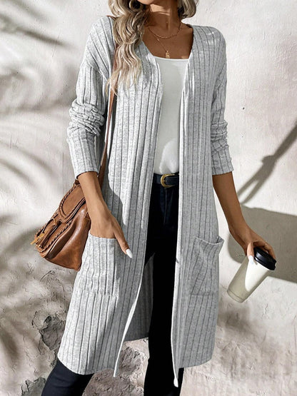 Ribbed Open Front Long Sleeve Cardigan with Pockets Carauana Store