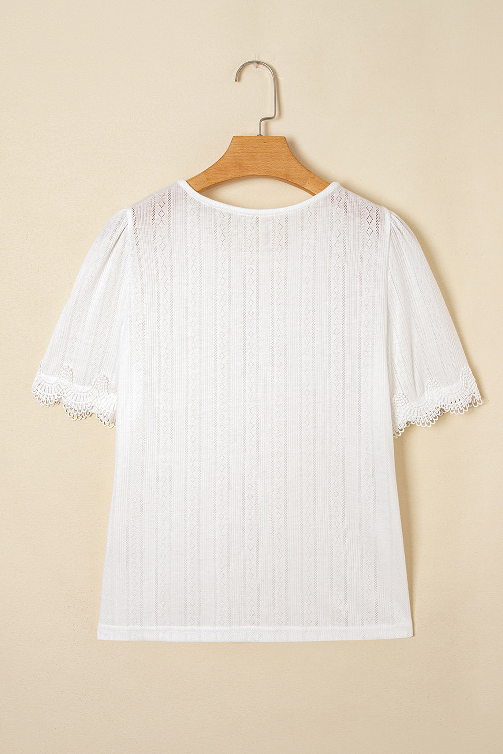 White Scalloped Lace Trim Jacquard Textured T Shirt