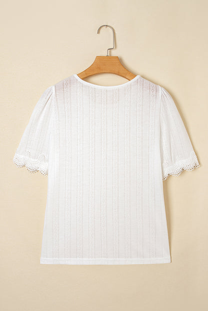 White Scalloped Lace Trim Jacquard Textured T Shirt
