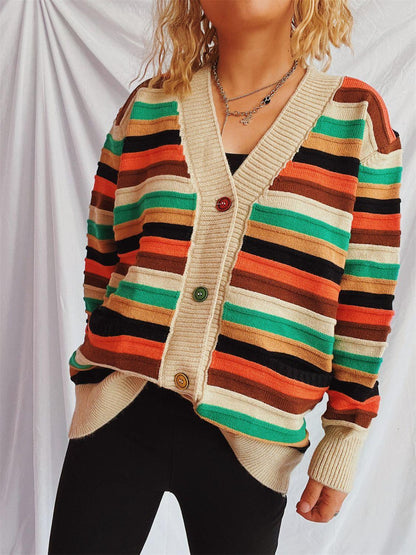 Contrast Stripes Button Up Long Sleeve Cardigan Carauana Store