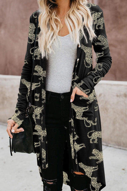 Animal Pattern Ribbed Button Up Long Sleeve Cardigan Carauana Store