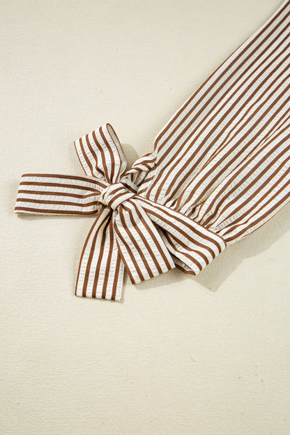 Straw Yellow Striped Print Tied Cuffs Split Neck Seersucker Blouse