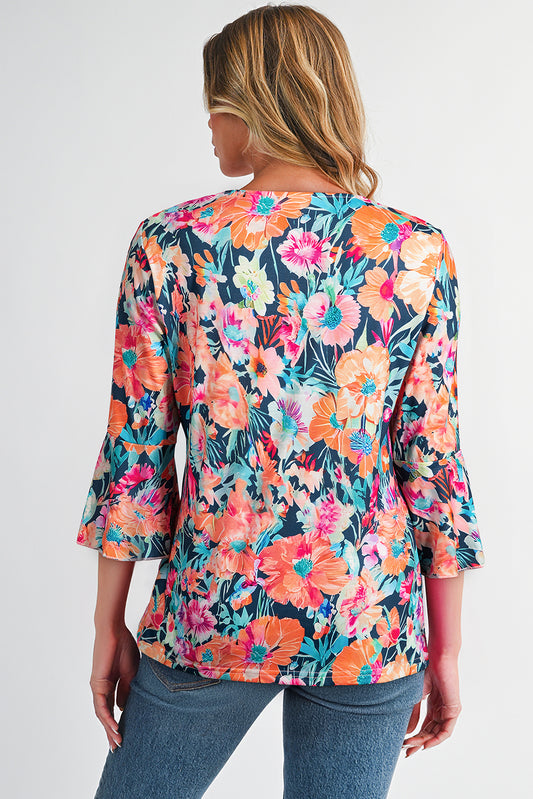Black Floral 3/4 Flare Sleeve Tied V Neck Blouse