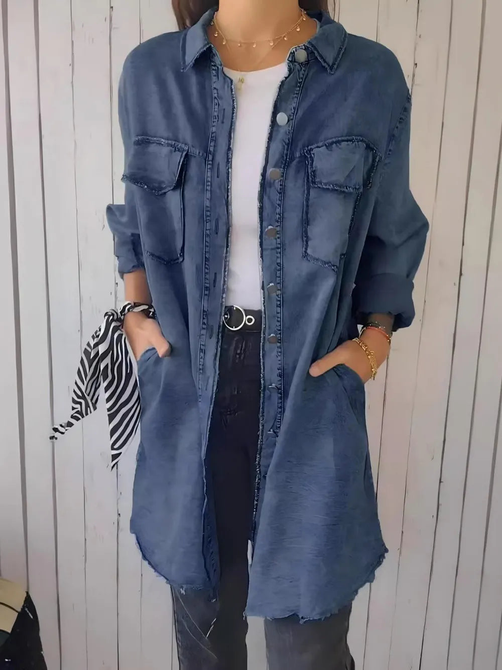 Full Size Raw Hem Button Up Long Sleeve Denim Top Plus Size Carauana Store