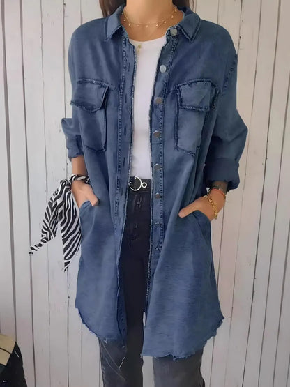 Full Size Raw Hem Button Up Long Sleeve Denim Top Plus Size Carauana Store
